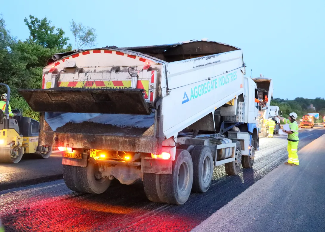 recycled asphalt being delivered to a road scheme from a Aggregate Industries lorry