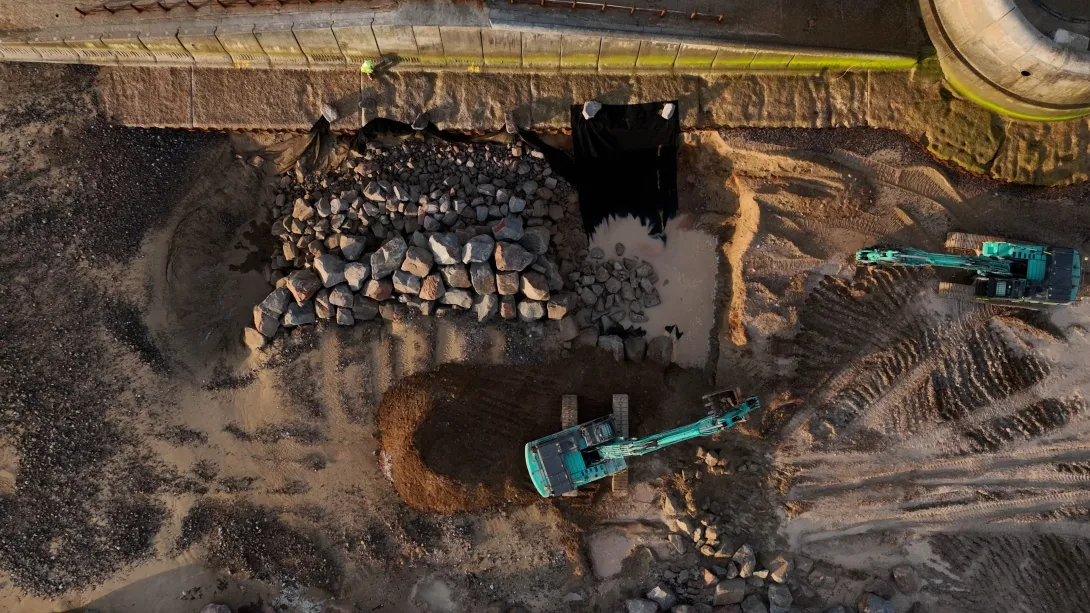 Rockarmour aggregates from Aggregate Industries' Glensanda Quarry being used for coastal defences at Cromer in North Norfolk