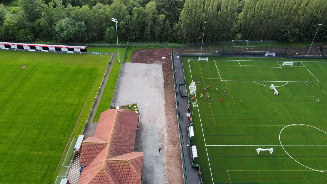 An aerial view of Coalville Town FC's new pitch and car park supported by Aggregate Industries