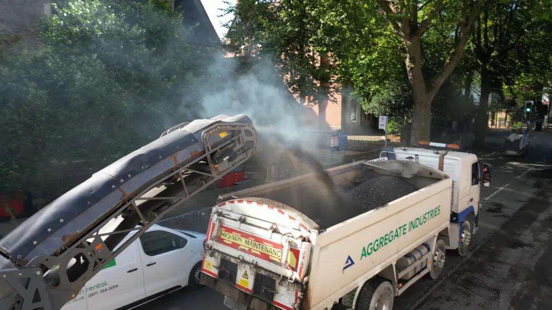 A road in Leicester being milled and planed ready for resurfacing by Aggregate Industries