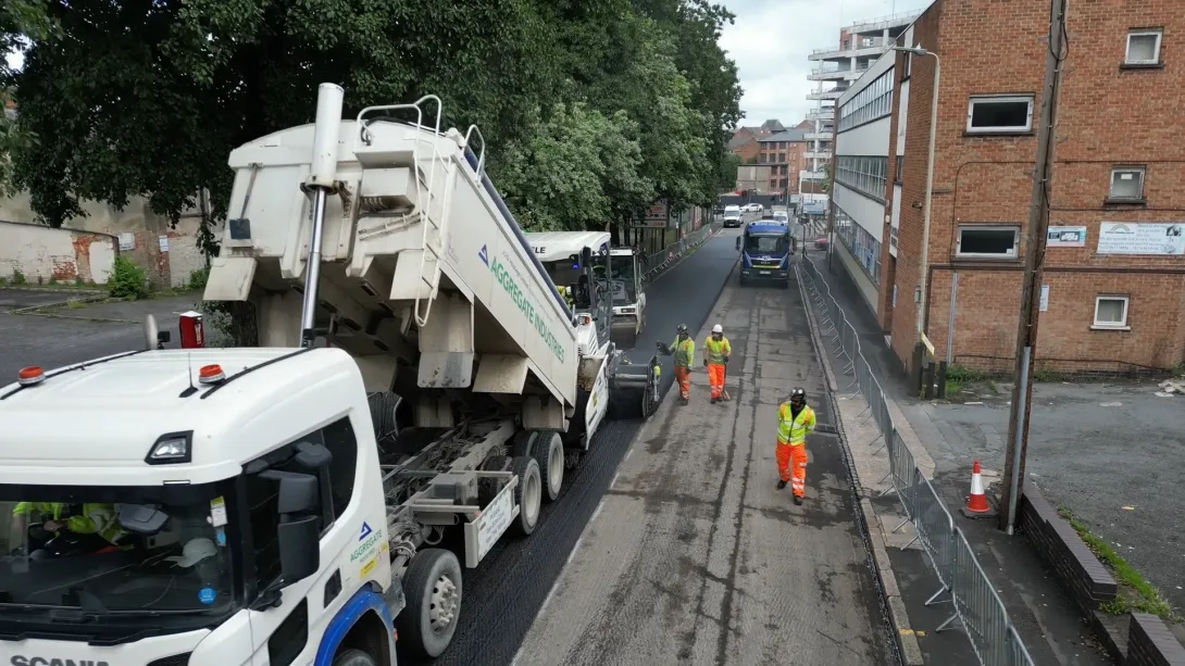 A road in Leicester being milled and planed ready for resurfacing by Aggregate Industries