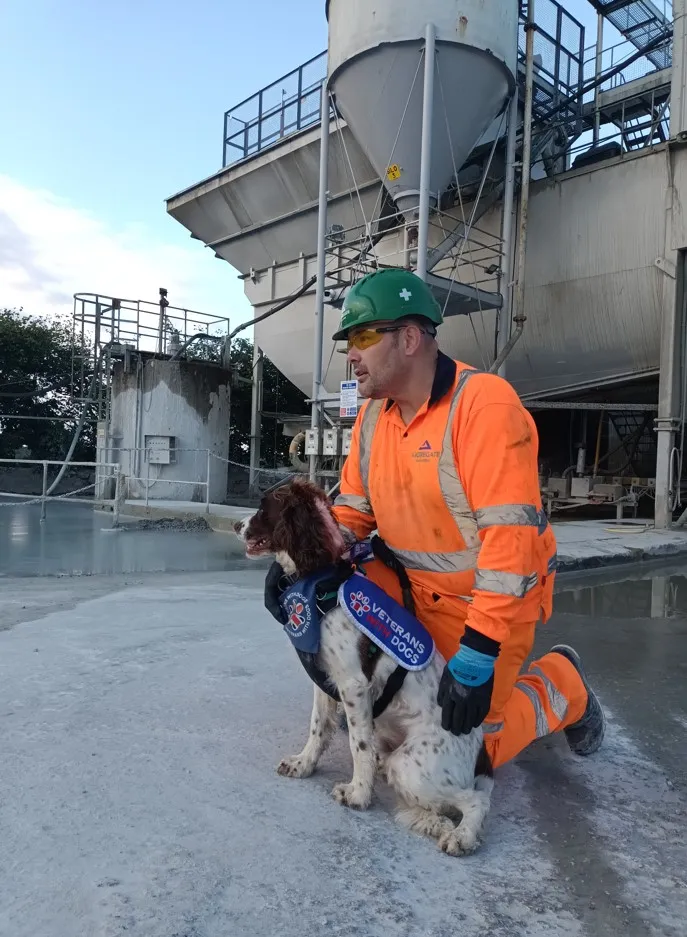 Nick Thomas and his PTSD assistance dog Buzz on site