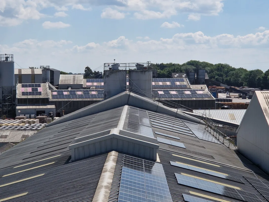 Solar panels on factory rooftops at Aggregate Industries' Hulland Ward site
