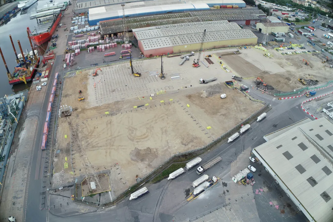 An aerial shot showing progress of construction work on new Aggregate Industries cement facility at Tilbury Docks
