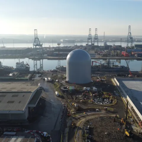 An aerial shot showing the new dome silo at Aggregate Industries' cement site at Tilbury Docks